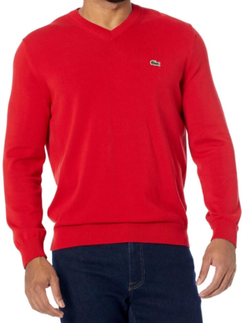 Lacoste V-Neck 100% Cotton Pullover Sweater, Classic, Red - Mens XL